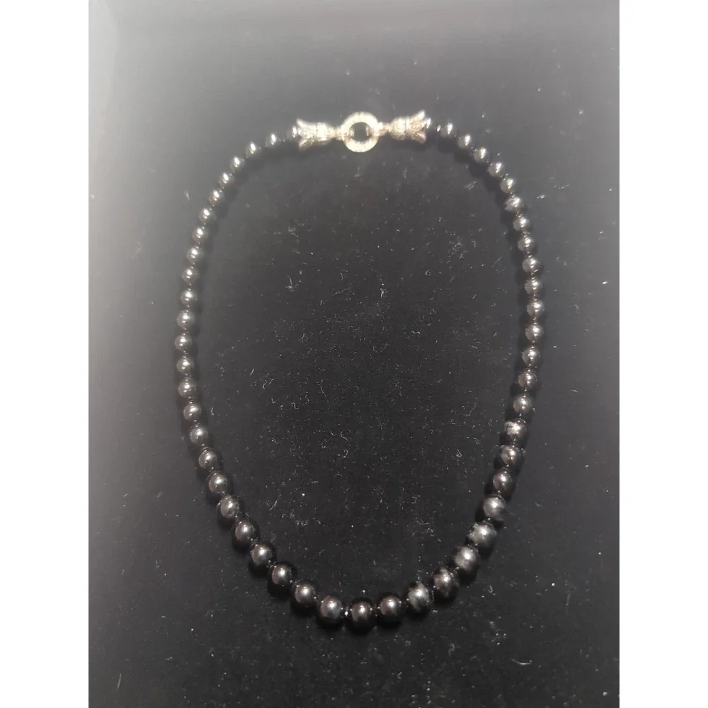 925 Sterling Silver Beaded Necklace Onyx Black Stone Beads